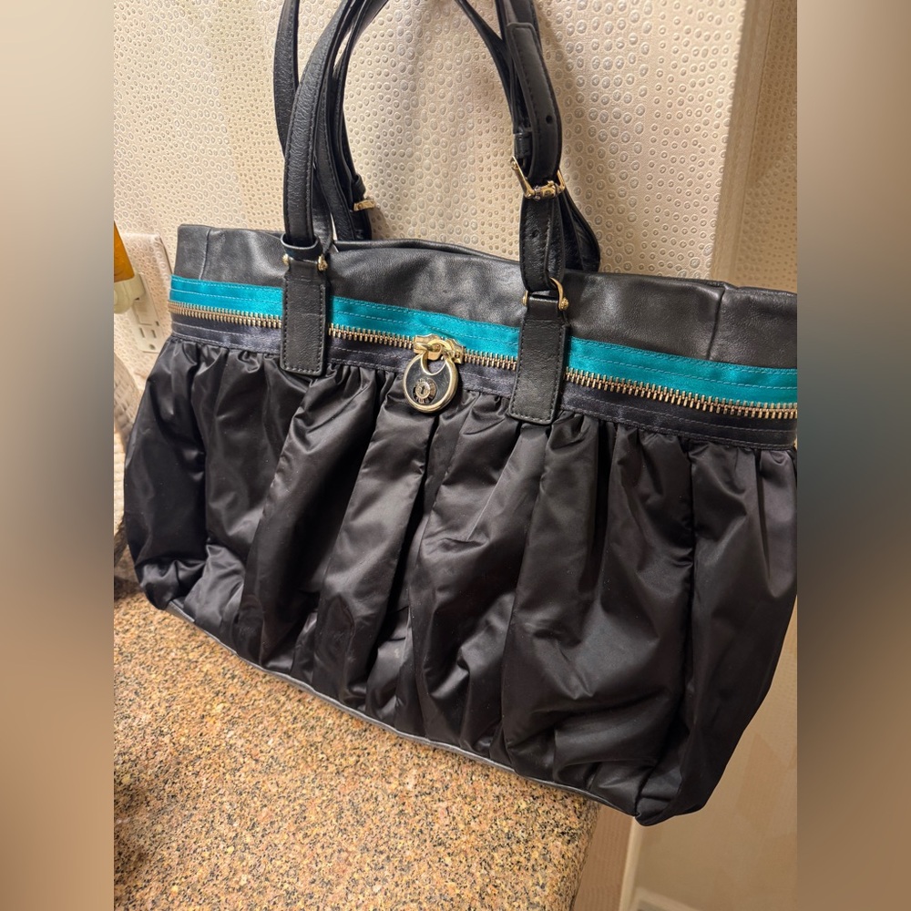 HENRI BENDEL Vintage handbag. Black satin‎ /Turquoise and leather handbag